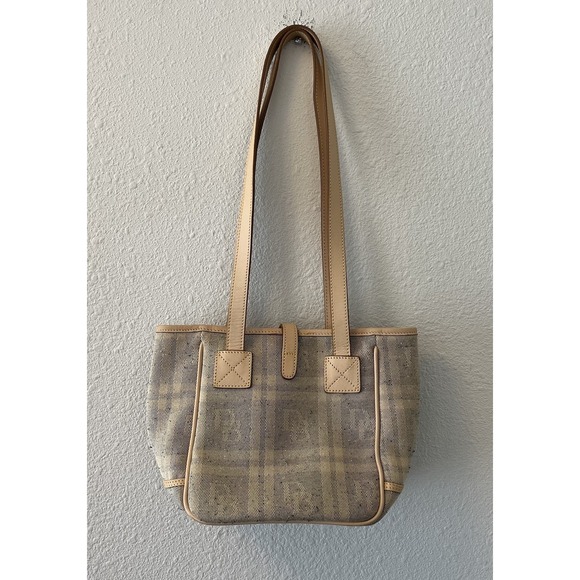 Vintage Dooney & Bourke Women's Purse Bag Beige Tan Plaid Leather Trim Chic Cute - Picture 5 of 16